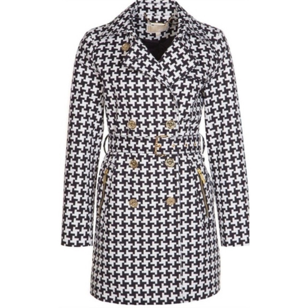 Michael Kors Houndstooth Belted Trench Coat,‎ Gold Hardware, XS, Chic